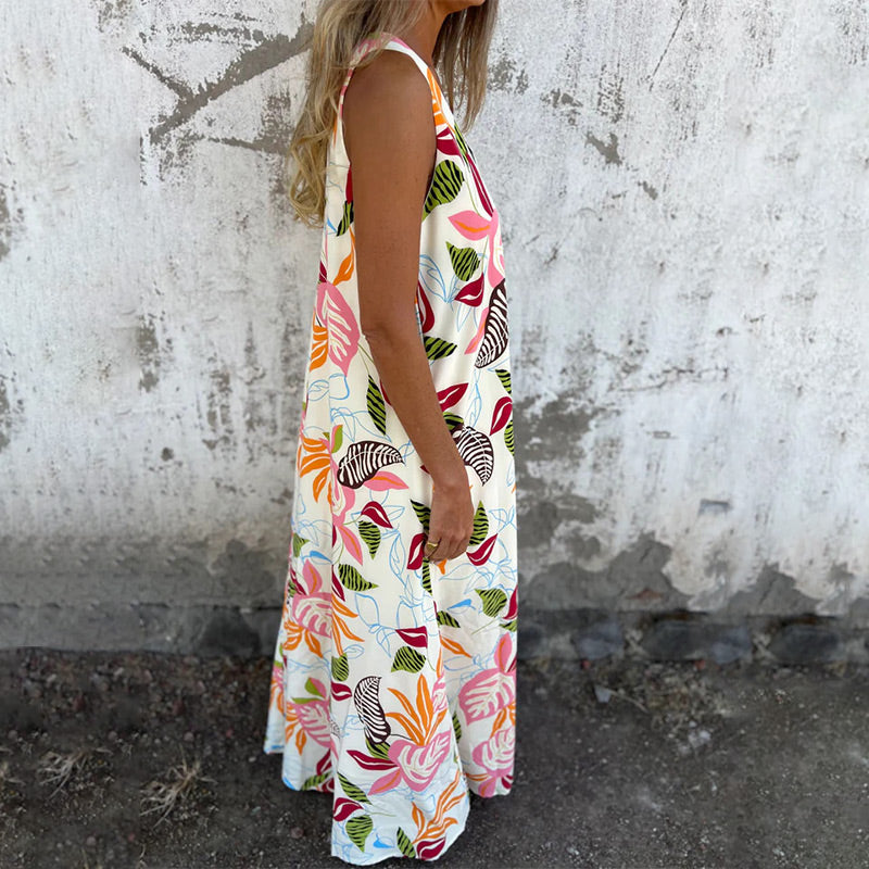 Women's Leaves Pattern V-Neck Sleeveless Floor-Length Dress