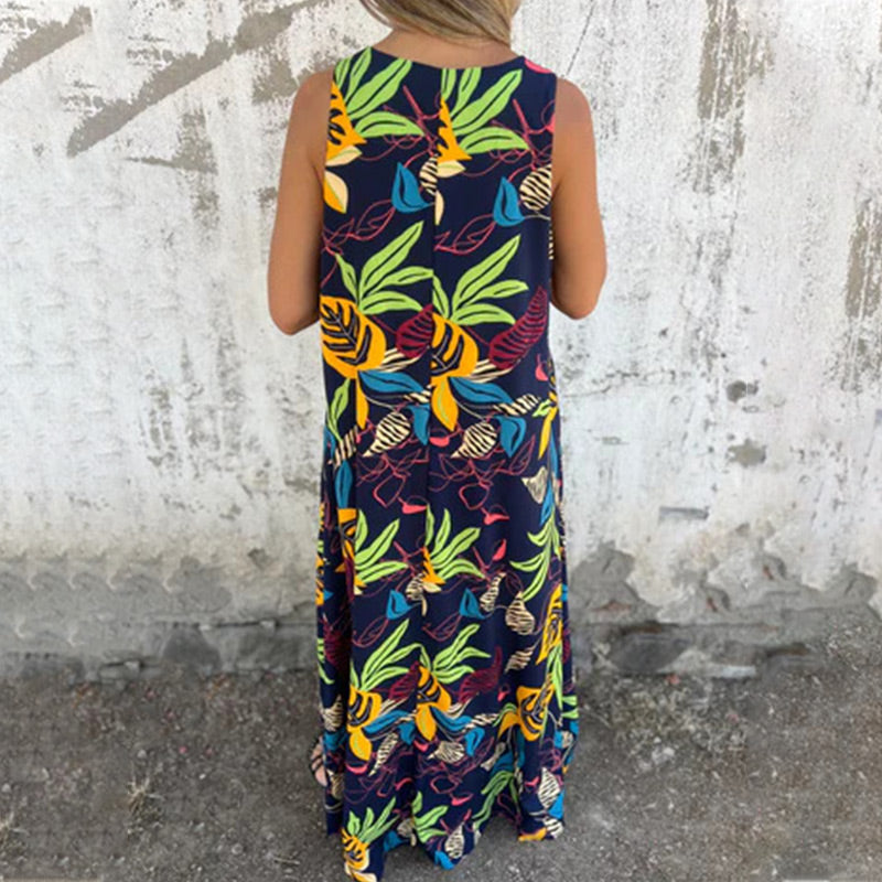 Women's Leaves Pattern V-Neck Sleeveless Floor-Length Dress