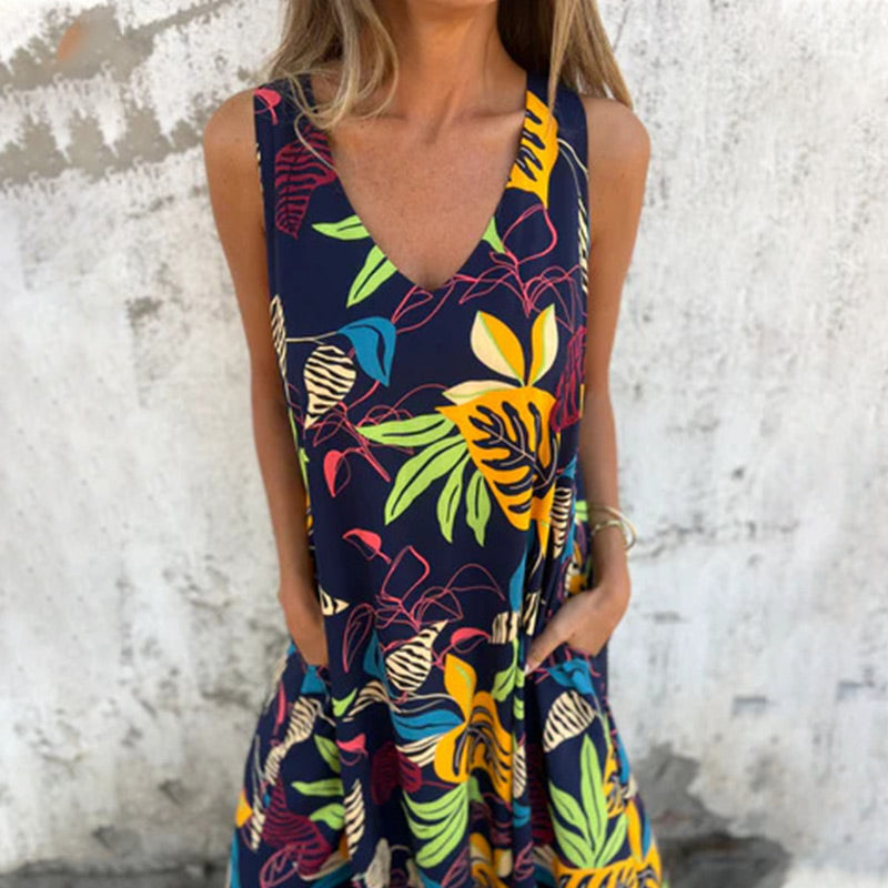 Women's Leaves Pattern V-Neck Sleeveless Floor-Length Dress