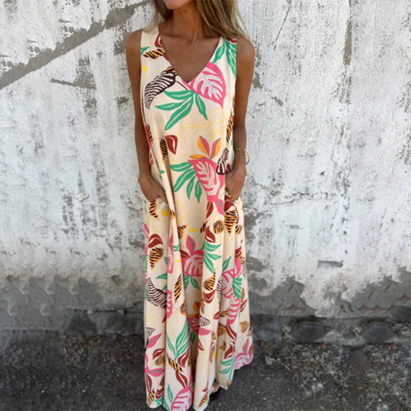 Women's Leaves Pattern V-Neck Sleeveless Floor-Length Dress