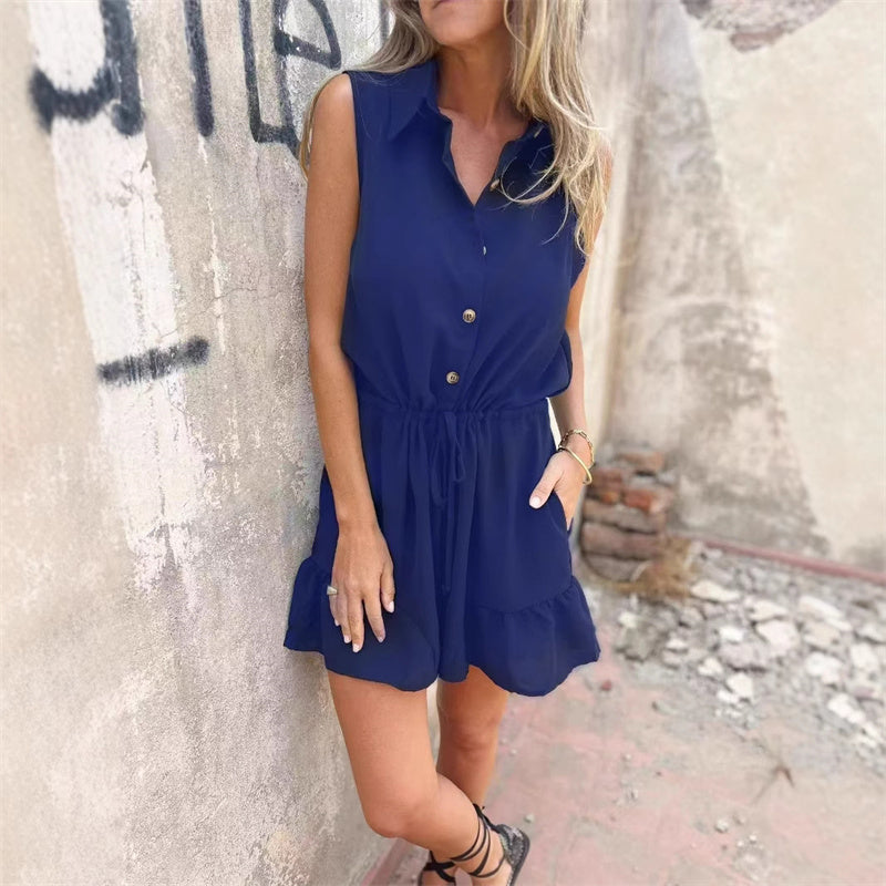 Women’s Belted Button-Down Rompers with Pockets
