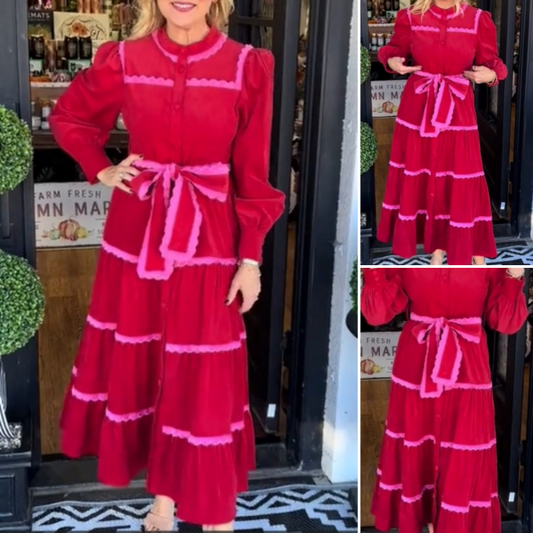 Women's Fashion Bow Tie Waist Long Sleeve Dresses