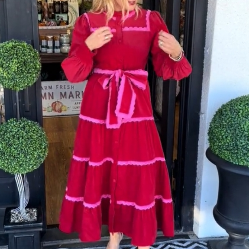 Women's Fashion Bow Tie Waist Long Sleeve Dresses