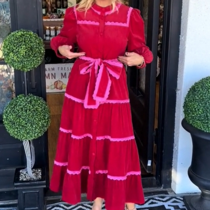 Women's Fashion Bow Tie Waist Long Sleeve Dresses