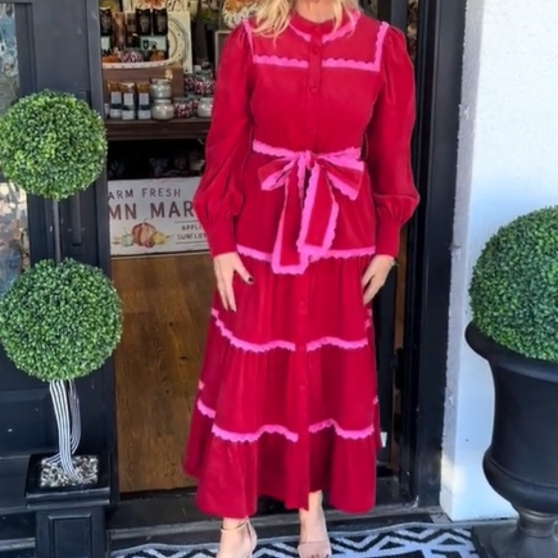 Women's Fashion Bow Tie Waist Long Sleeve Dresses