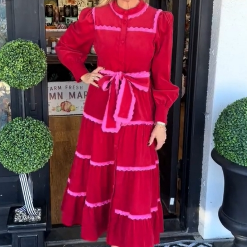 Women's Fashion Bow Tie Waist Long Sleeve Dresses