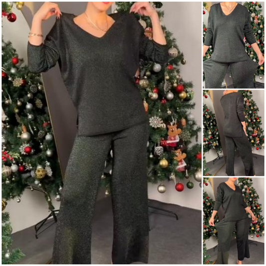 Sparkly V-Neck Tops ＆ Wide-Leg Pants Two-Piece Set