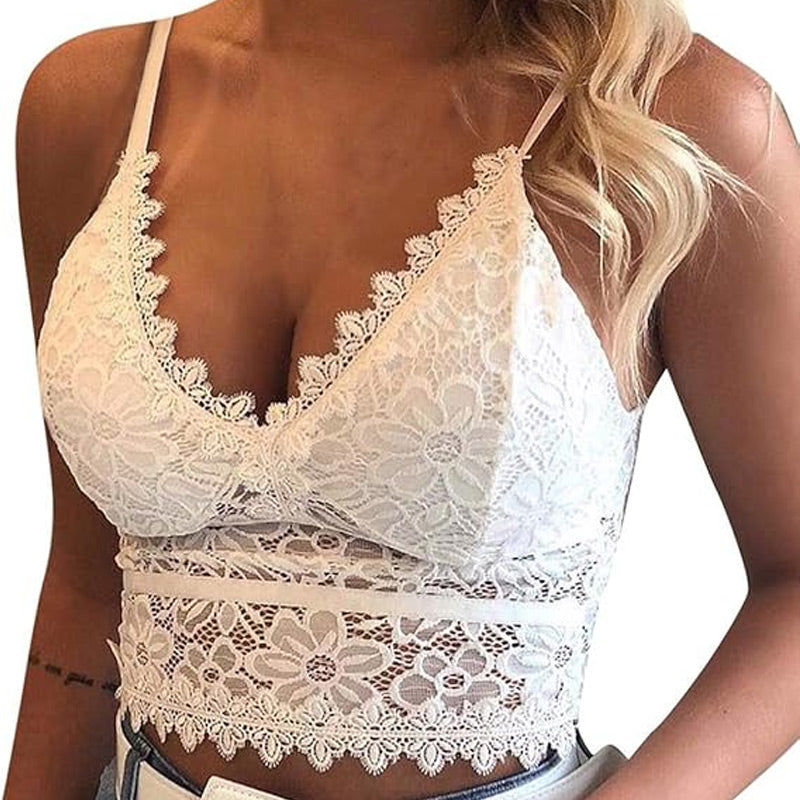 Women Floral Lace Lace Longline Bra Crop Top