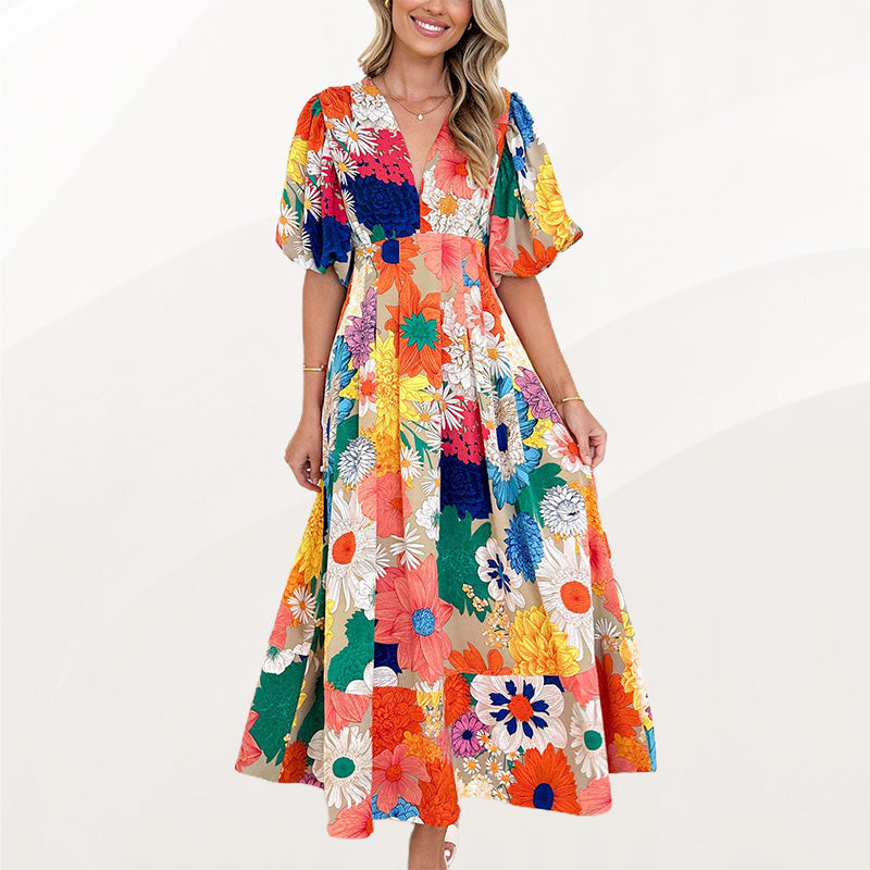 Floral Puff Sleeve A-Line Maxi Dress