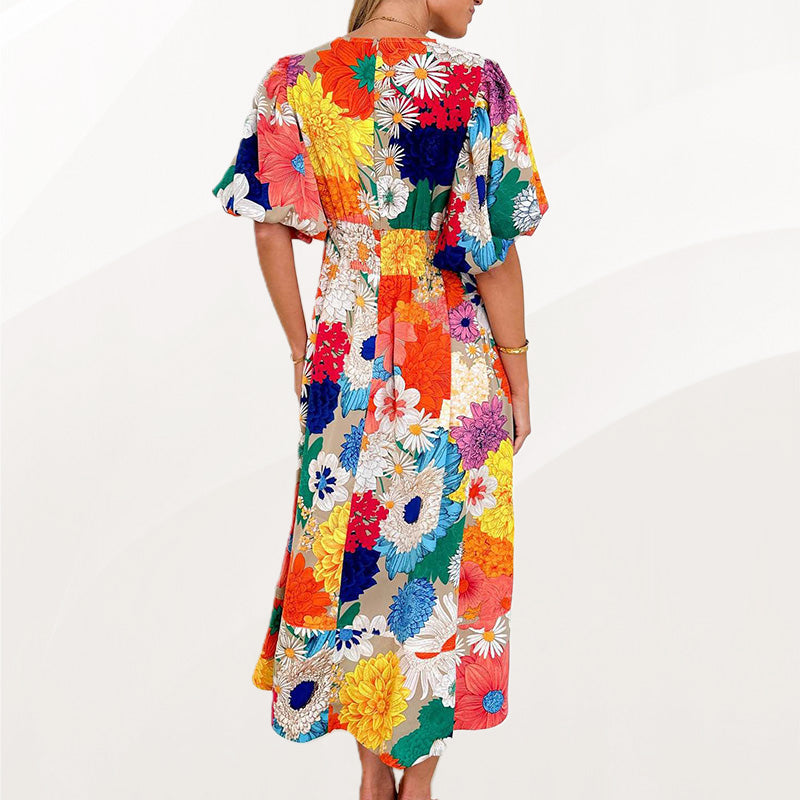 Floral Puff Sleeve A-Line Maxi Dress