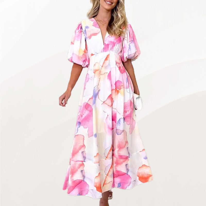 Floral Puff Sleeve A-Line Maxi Dress