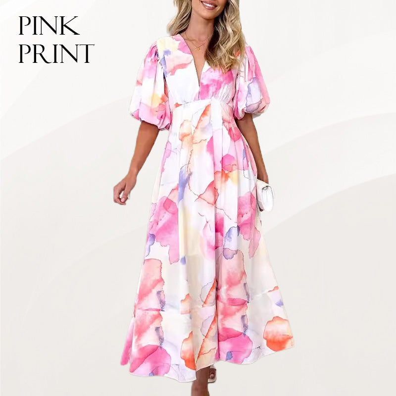 Floral Puff Sleeve A-Line Maxi Dress