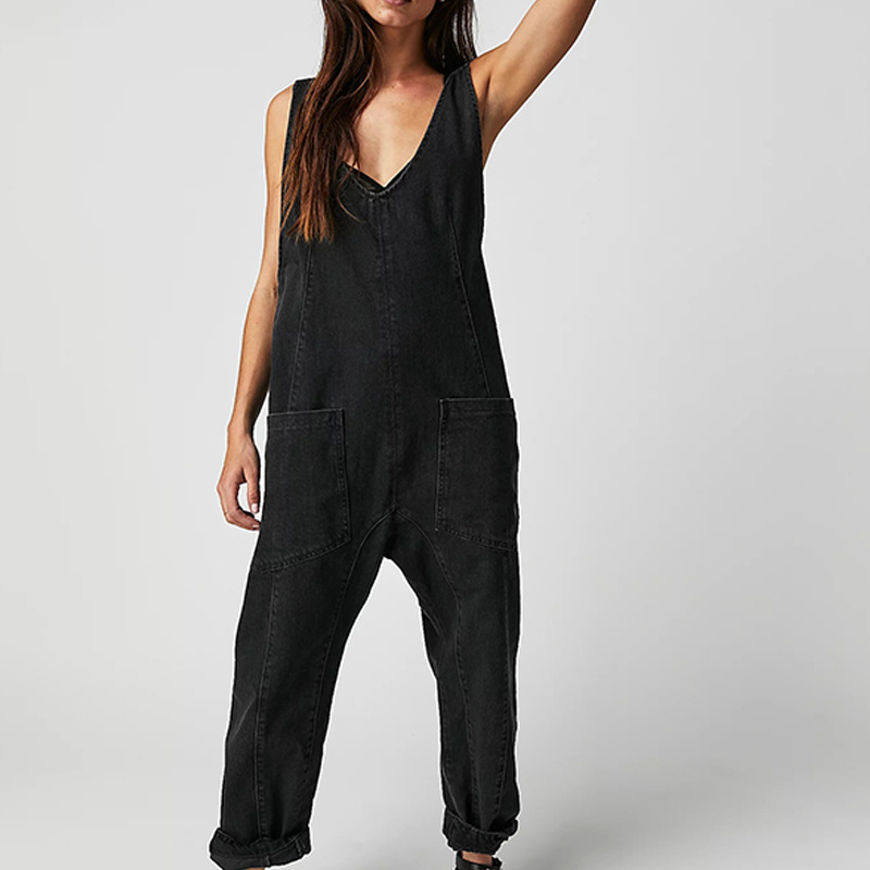 Women's Casual V-Neck Long Denim Overalls