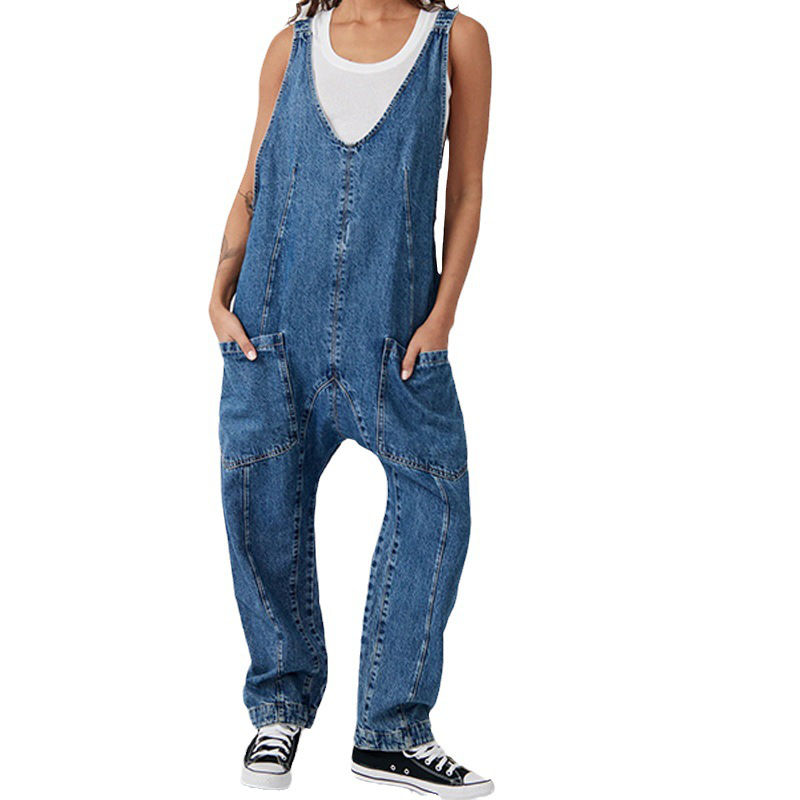 Women's Casual V-Neck Long Denim Overalls