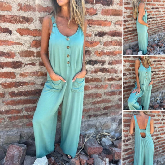 Women's Buttoned Casual Versatile Loose Jumpsuit