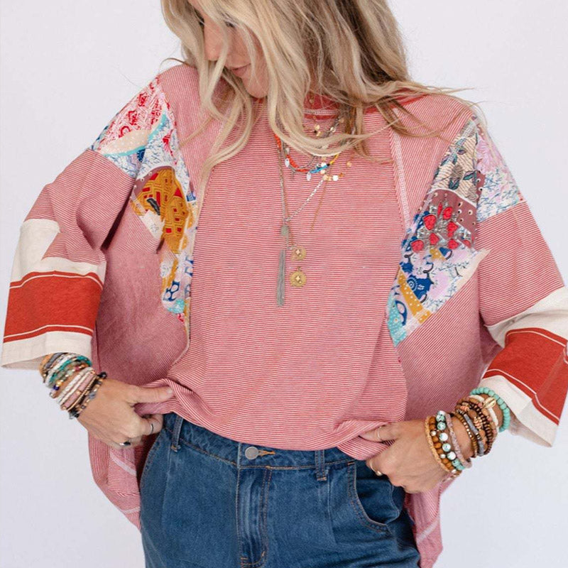 Women's Batwing 3/4 Sleeve Stripe Patchwork Blouse