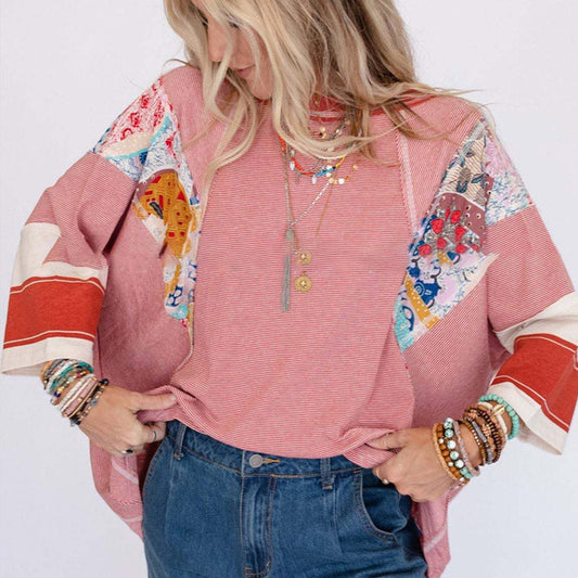 Women's Batwing 3/4 Sleeve Stripe Patchwork Blouse