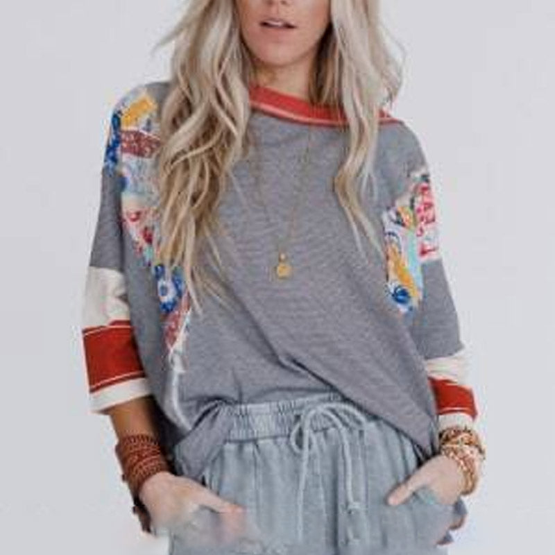 Women's Batwing 3/4 Sleeve Stripe Patchwork Blouse