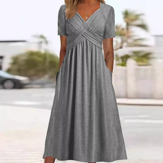 🍀LAST DAY SALE 50% OFF🍀Women’s V-Neck Short Sleeve Long Dresses