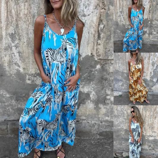 Women's Printed Spaghetti Strap Backless Dress