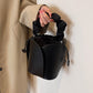 Handmade PU Leather Drawstring Bucket Bag for Women