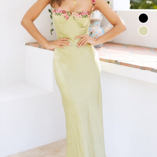 Spaghetti-Strap Floral-Trimmed Satin Bodycon Dress