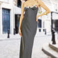 Spaghetti-Strap Floral-Trimmed Satin Bodycon Dress