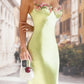 Spaghetti-Strap Floral-Trimmed Satin Bodycon Dress