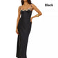 Spaghetti-Strap Floral-Trimmed Satin Bodycon Dress