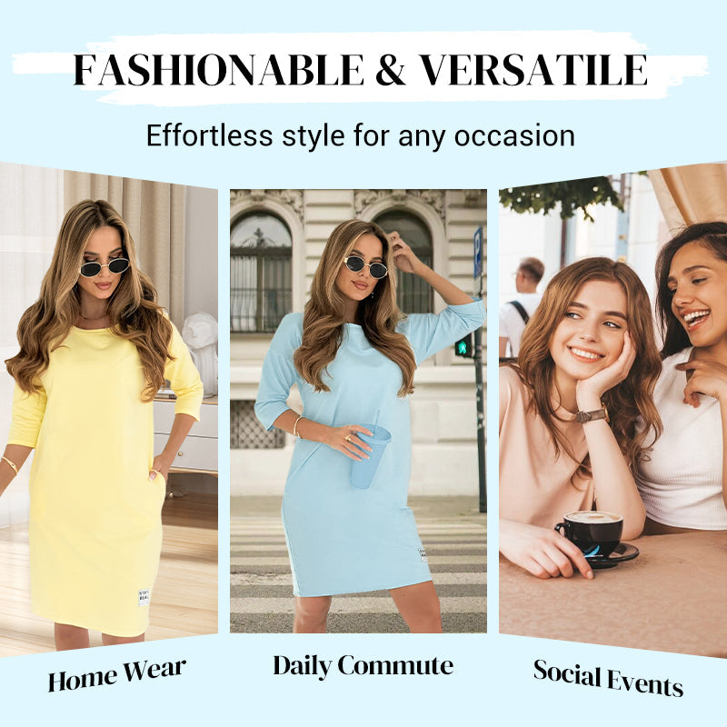 ✨Early Summer New✨Round Neck 3/4 Sleeve Dress with Pockets