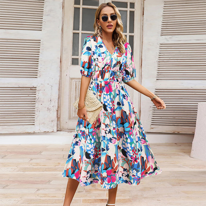 💖Last Day Sale 50% Off💖Women's V-neck Printed Casual Dress