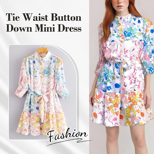 Tie Waist Button Down Mini Dress with Floral Print