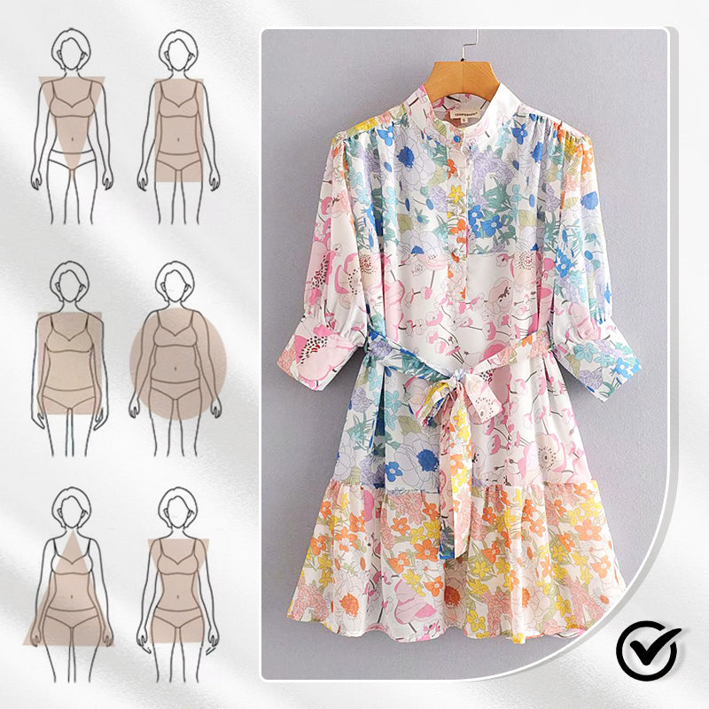 Tie Waist Button Down Mini Dress with Floral Print