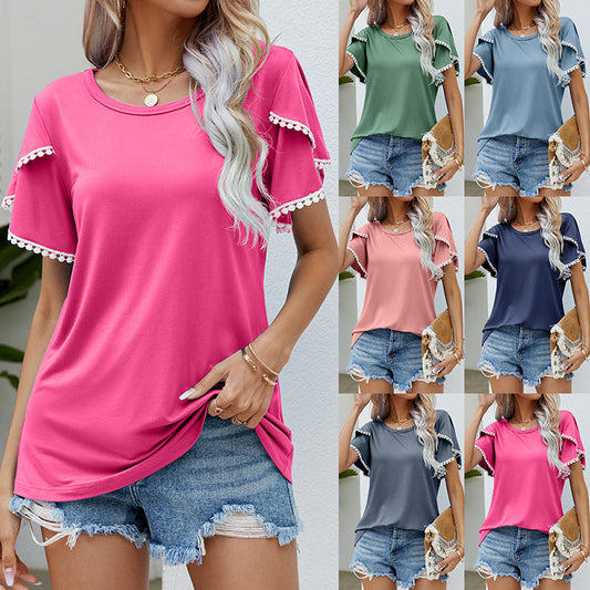 Women's Casual Round Neck T-Shirt with Pom-Pom Trim Sleeves