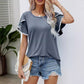 Women's Casual Round Neck T-Shirt with Pom-Pom Trim Sleeves