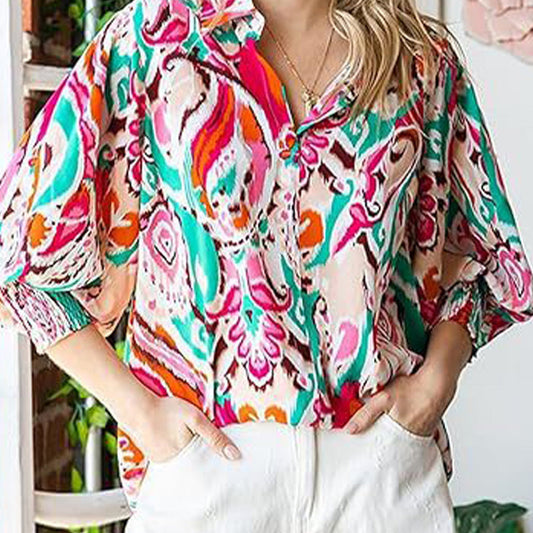 Women’s Printed Button-Down Shirt with Lantern Long Sleeves