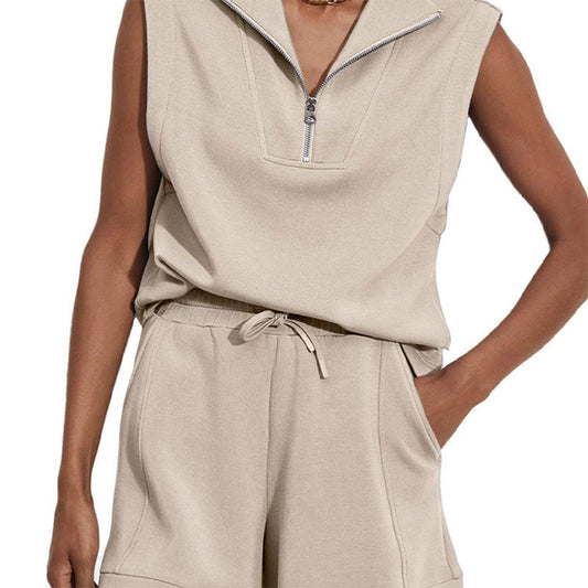 Women's Summer Half Zip Sleeveless Two-Piece Shorts Suit