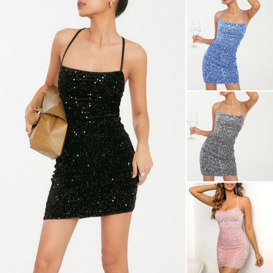 Women's Fashion Sequins Spaghetti Straps Backless Short Dress
