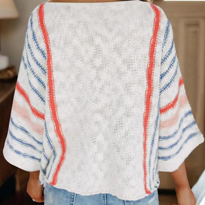 Women's Fashion Vertical Stripe Color Blocking Flared Sleeve Pullover Knit Sweater
