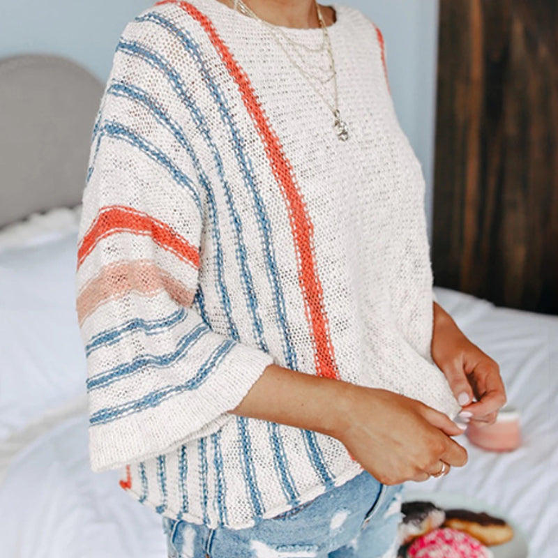 Women's Fashion Vertical Stripe Color Blocking Flared Sleeve Pullover Knit Sweater