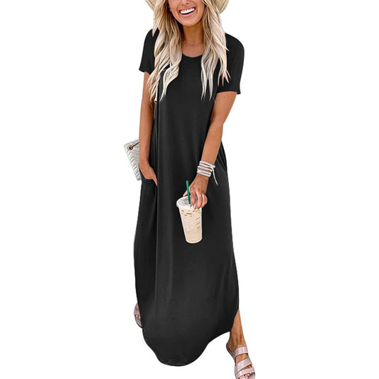 Women's Casual Loose Short Sleeve Pocket Split Maxi Dress