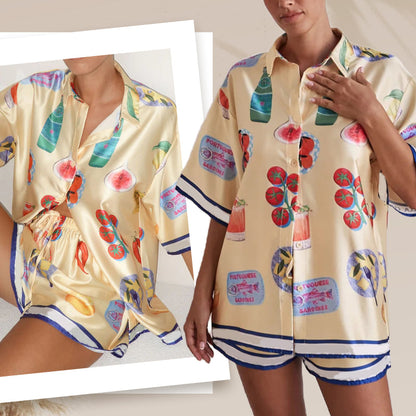 Women's Casual Lapel Short Sleeve & Shorts Pajama 2-PCS Set