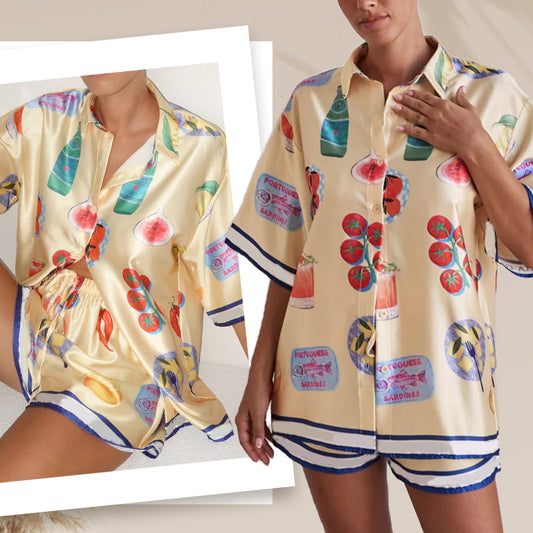 Women's Casual Lapel Short Sleeve & Shorts Pajama 2-PCS Set