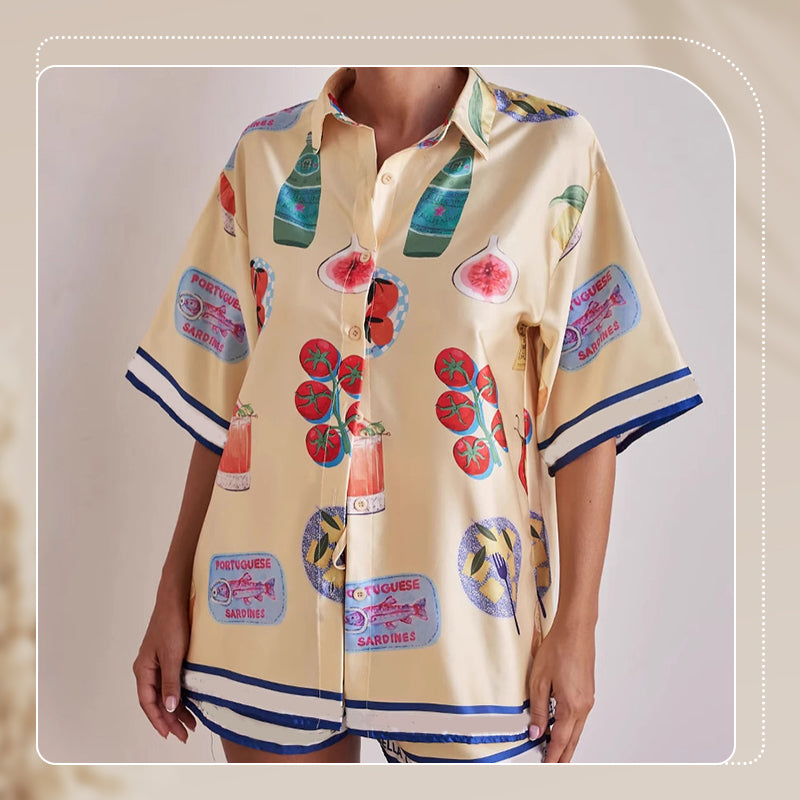 Women's Casual Lapel Short Sleeve & Shorts Pajama 2-PCS Set