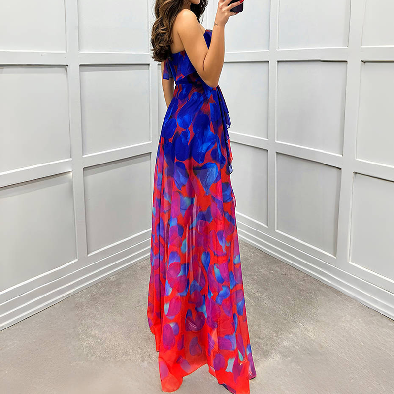 Women's Fashion Printed Mesh Sheath Split Dresses