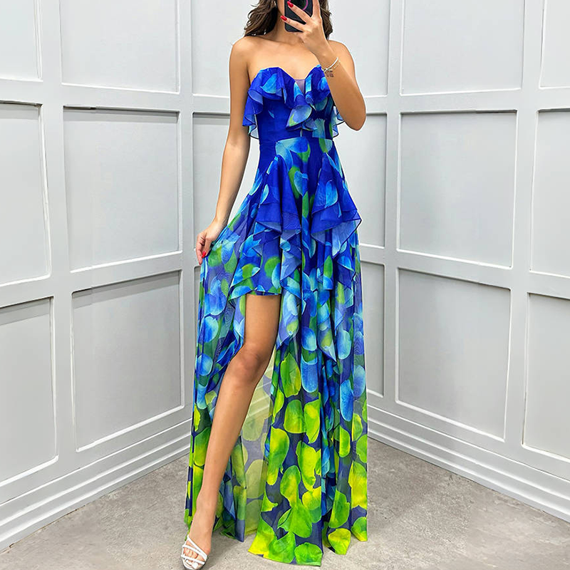 Women's Fashion Printed Mesh Sheath Split Dresses