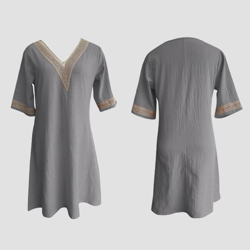 V-neck Lace-trimmed Cotton Linen Dress