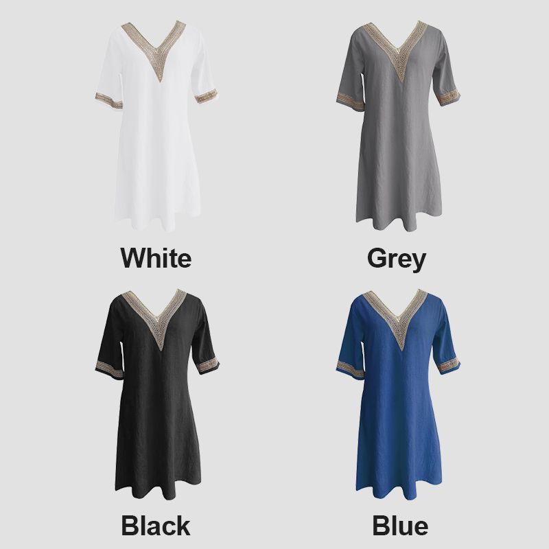 V-neck Lace-trimmed Cotton Linen Dress