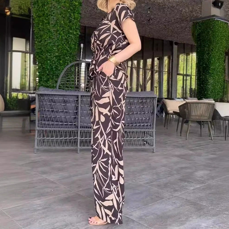 Printed Tie-Waist Shirt & Wide-Leg Pants 2-Piece Set