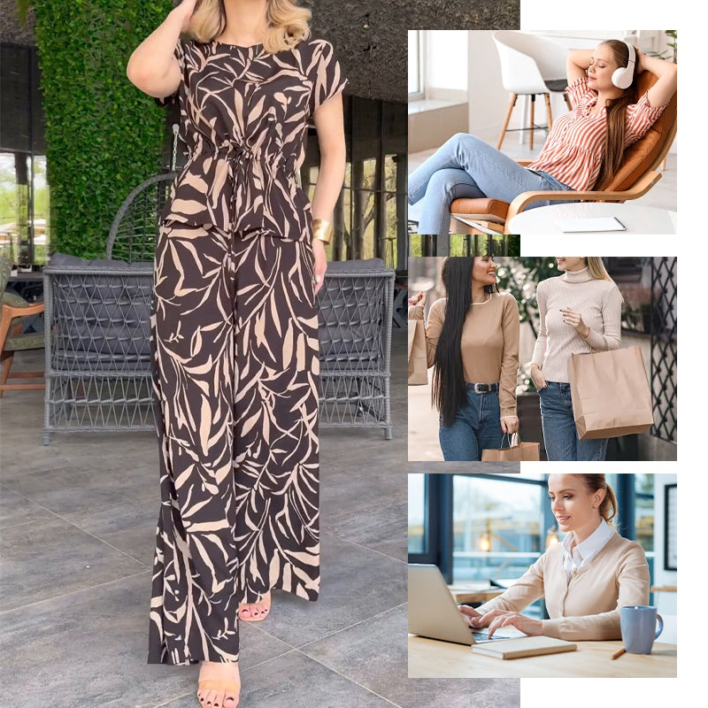 Printed Tie-Waist Shirt & Wide-Leg Pants 2-Piece Set